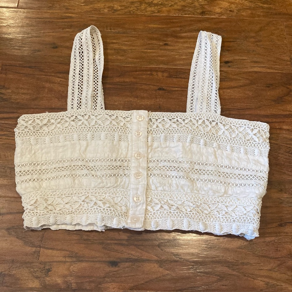American Eagle Lace Cropped Button Up Tank Top, Women Small